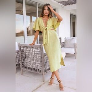 Lulus Summer Journey Light Green Tie-Front Linen Cutout Midi Dress